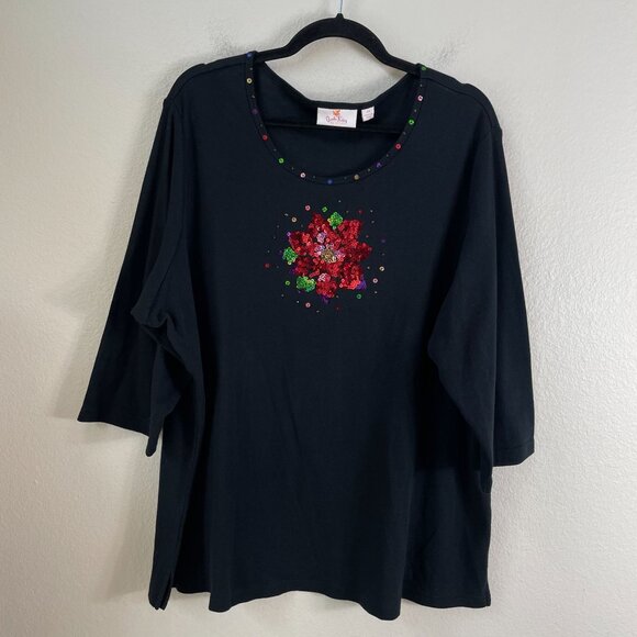 Quacker Factory Womens Plus 2X Black Sequin Embellished Floral Top Shirt - Picture 1 of 10